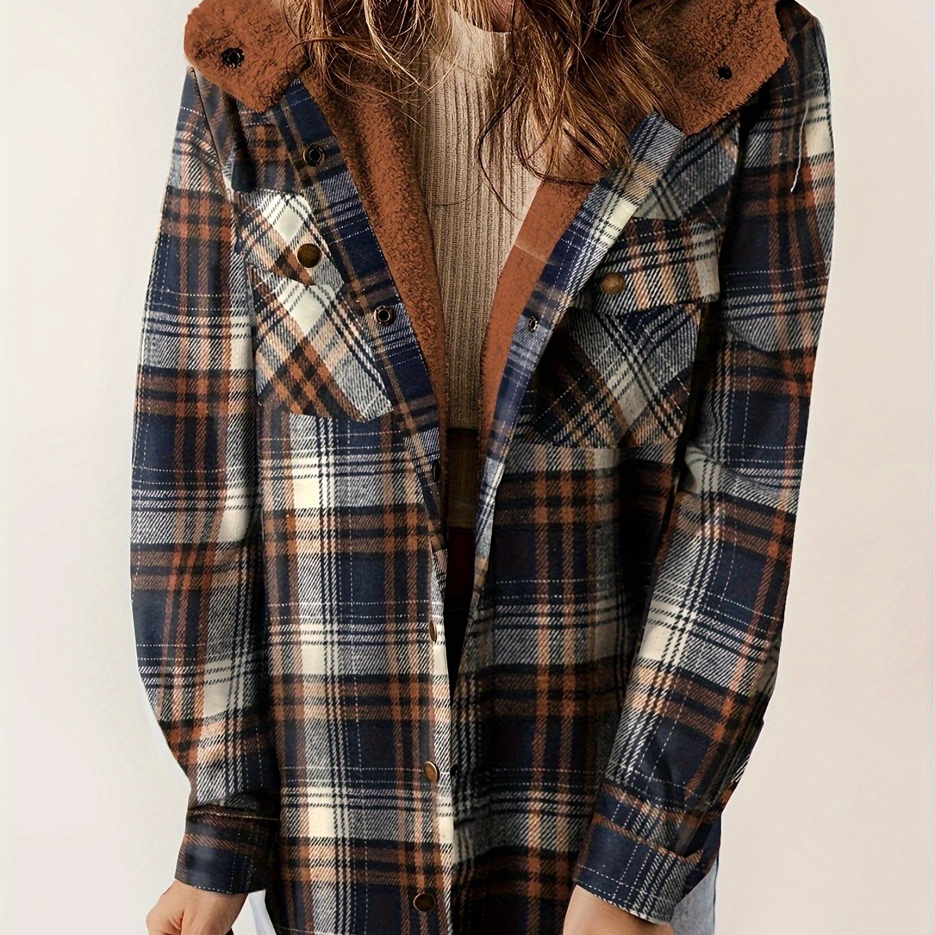 Plaid Pattern Hooded Jacket, Casual Button Front Long Sleeve Outerwear, Women's Clothing