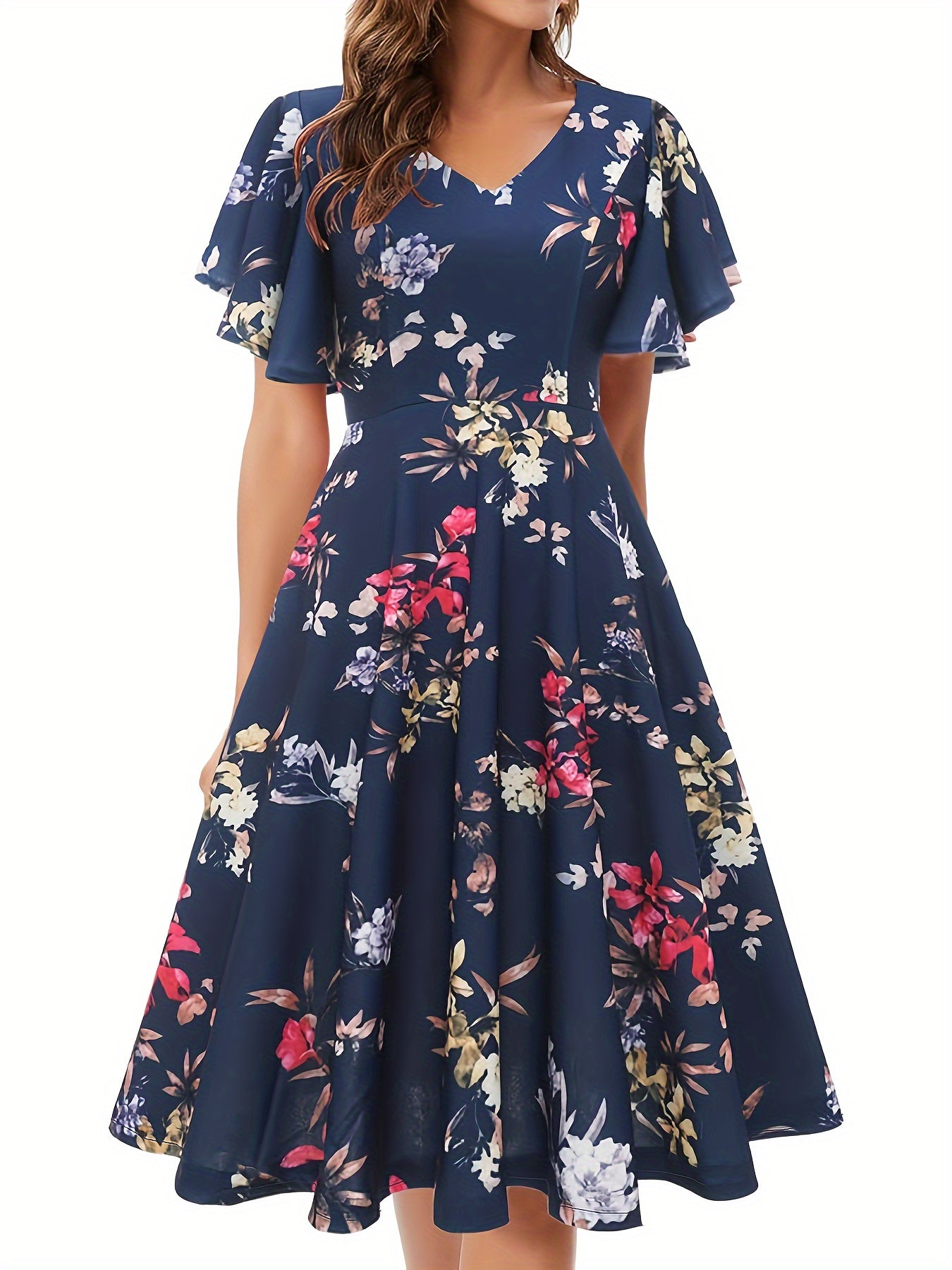 Floral Print Flutter Sleeve Dress, Casual V-neck Dress For Spring & Summer, Women's Clothing