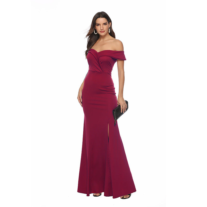 Off Shoulder V-neck Split Ruched Formal Evening Dress