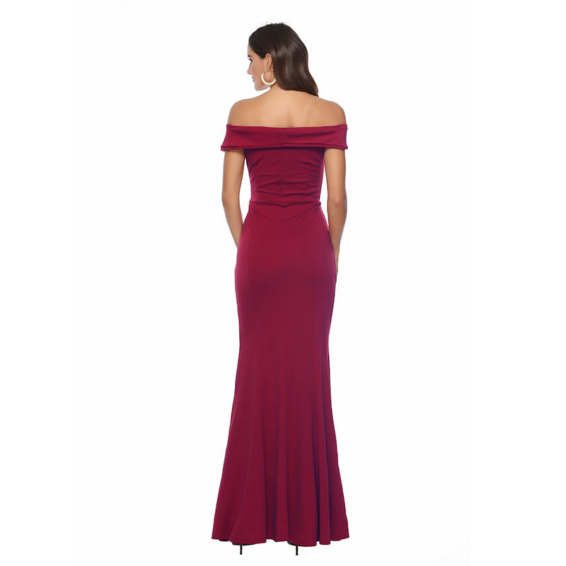 Off Shoulder V-neck Split Ruched Formal Evening Dress