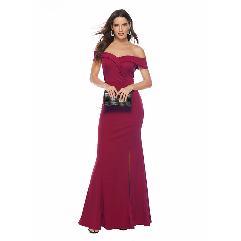 Off Shoulder V-neck Split Ruched Formal Evening Dress