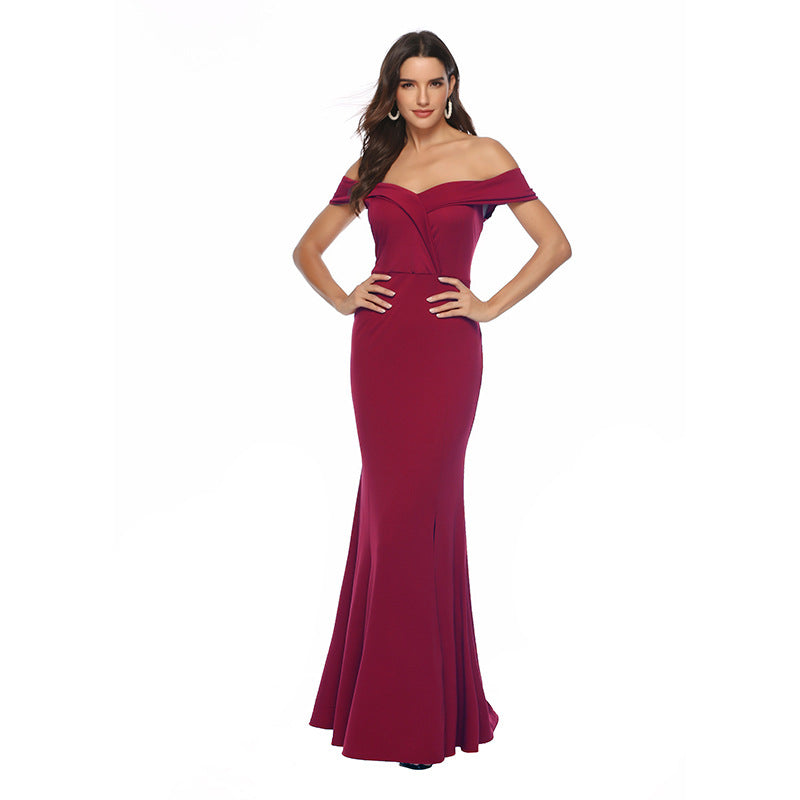 Off Shoulder V-neck Split Ruched Formal Evening Dress