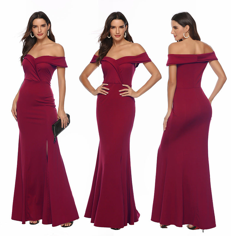 Off Shoulder V-neck Split Ruched Formal Evening Dress