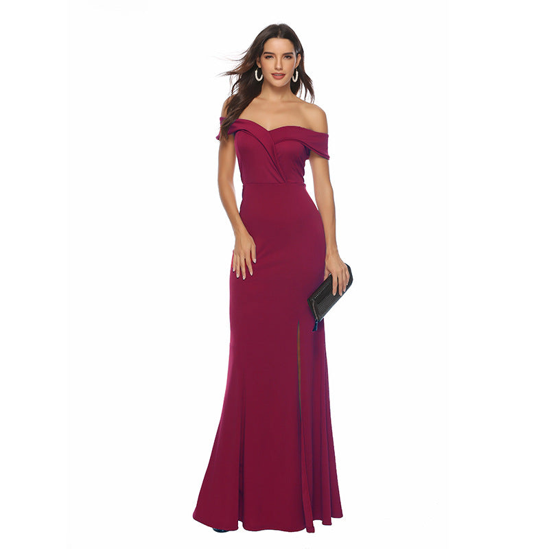 Off Shoulder V-neck Split Ruched Formal Evening Dress