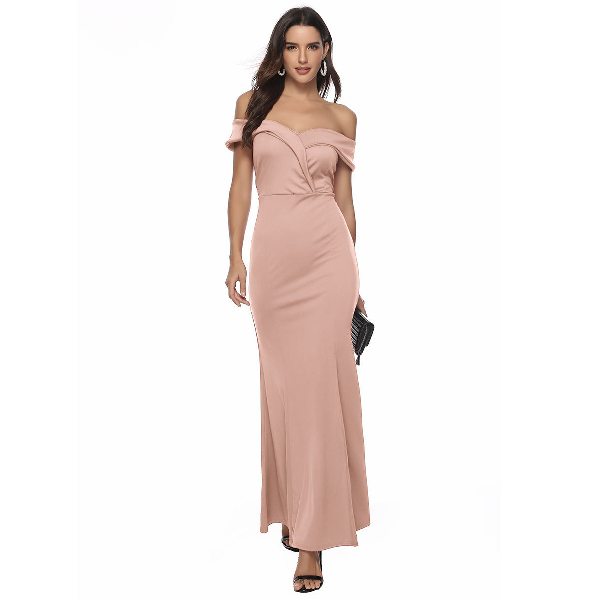 Off Shoulder V-neck Split Ruched Formal Evening Dress