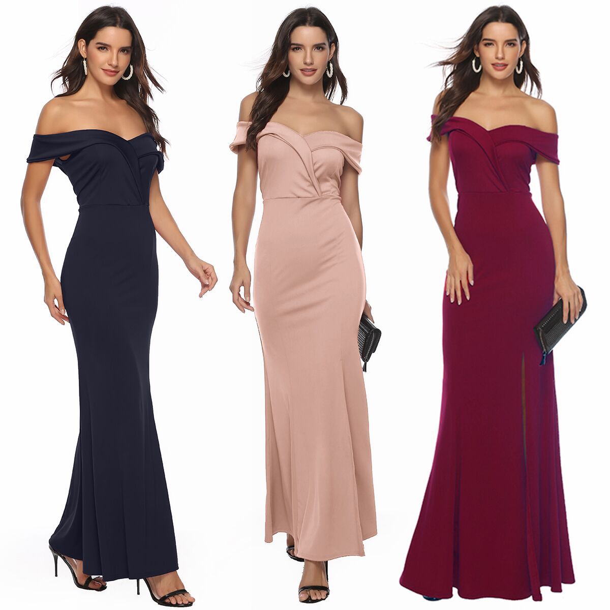 Off Shoulder V-neck Split Ruched Formal Evening Dress