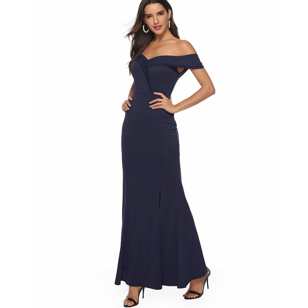 Off Shoulder V-neck Split Ruched Formal Evening Dress