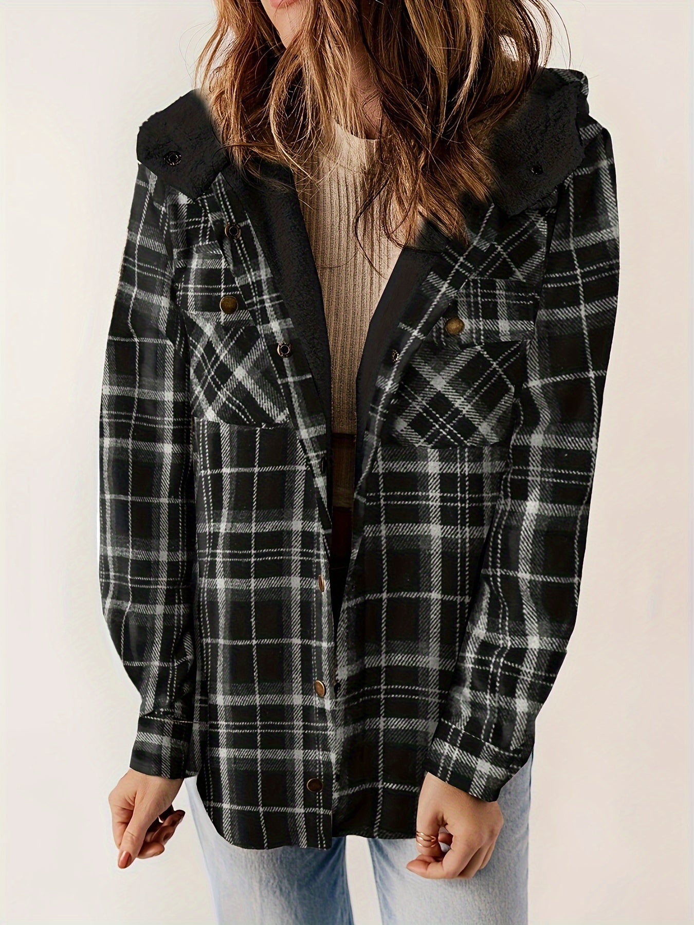 Plaid Pattern Hooded Jacket, Casual Button Front Long Sleeve Outerwear, Women's Clothing