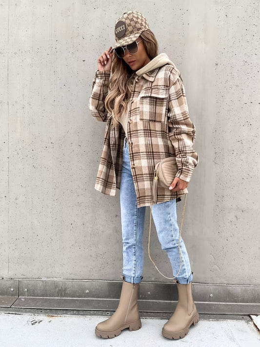 Preppy Button Plaid Drop Shoulder Jacket, Casual Long Sleeve Jacket For Fall & Winter, Women's Clothing