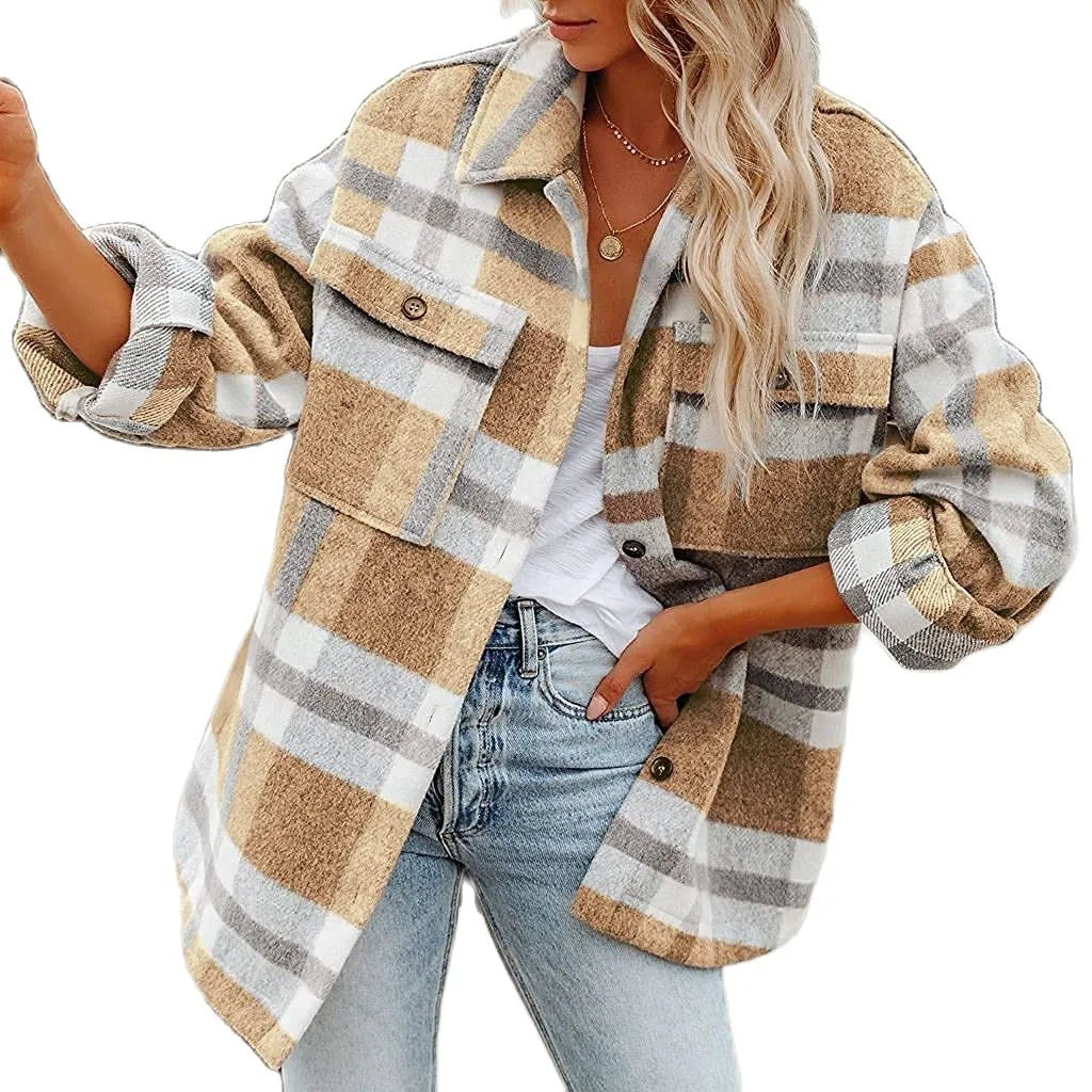 2023 Amazon Fall/Winter Women's Cross-border European and American Amazon Plaid Button Franco Tweed Shirt Coat