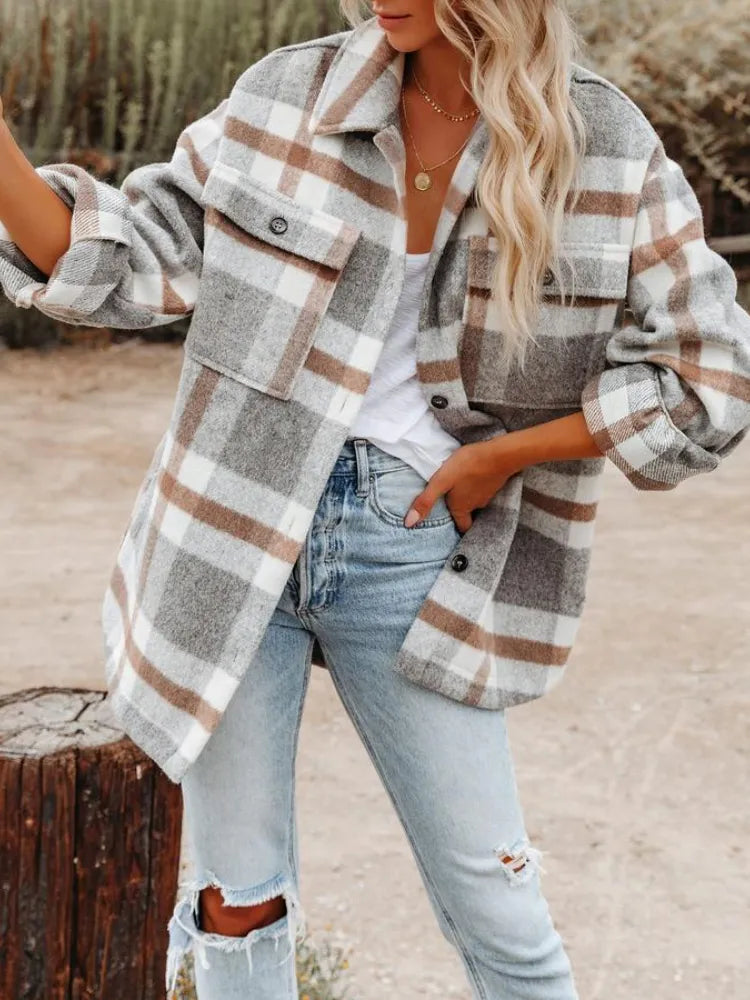 2023 Amazon Fall/Winter Women's Cross-border European and American Amazon Plaid Button Franco Tweed Shirt Coat