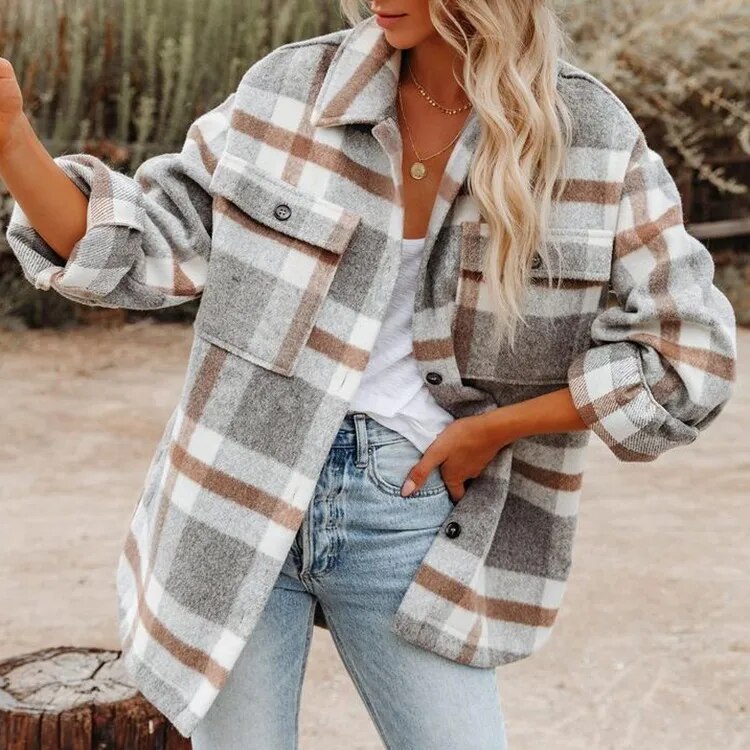 2023 Amazon Fall/Winter Women's Cross-border European and American Amazon Plaid Button Franco Tweed Shirt Coat