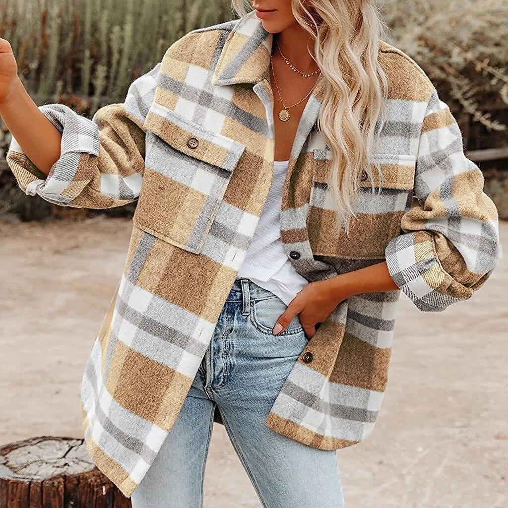 2023 Amazon Fall/Winter Women's Cross-border European and American Amazon Plaid Button Franco Tweed Shirt Coat