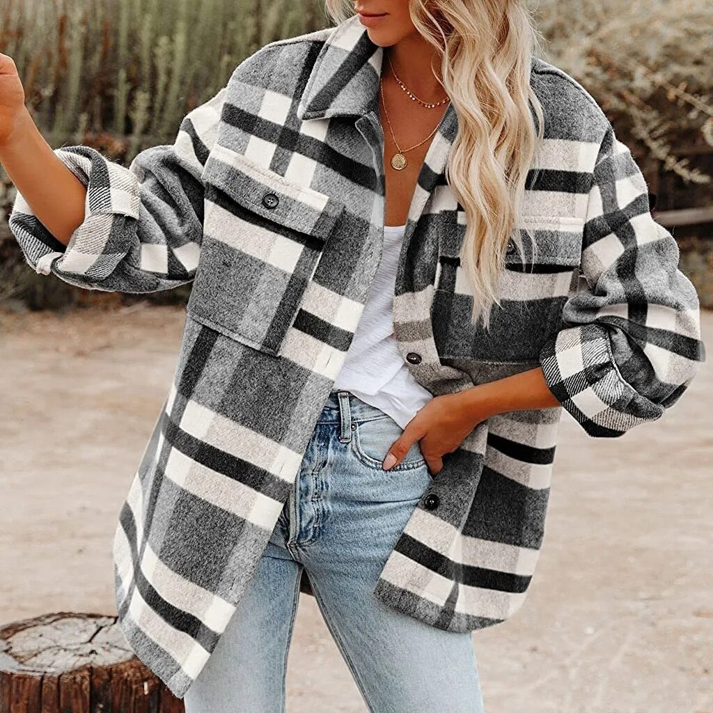 2023 Amazon Fall/Winter Women's Cross-border European and American Amazon Plaid Button Franco Tweed Shirt Coat