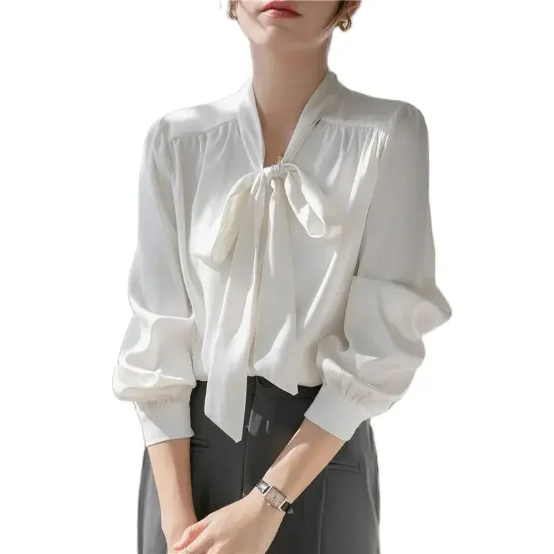 2023 Autumn Acetic Acid French Ribbon Bow White Long Sleeved Shirt