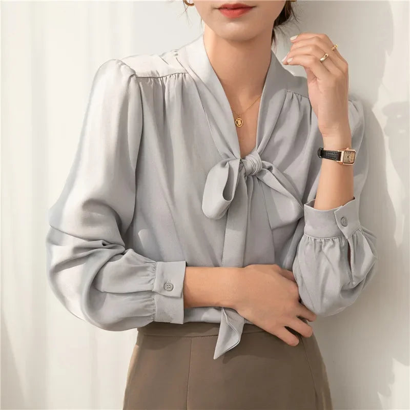 2023 Autumn Acetic Acid French Ribbon Bow White Long Sleeved Shirt