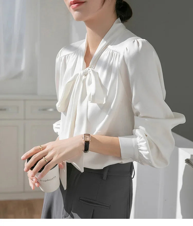 2023 Autumn Acetic Acid French Ribbon Bow White Long Sleeved Shirt