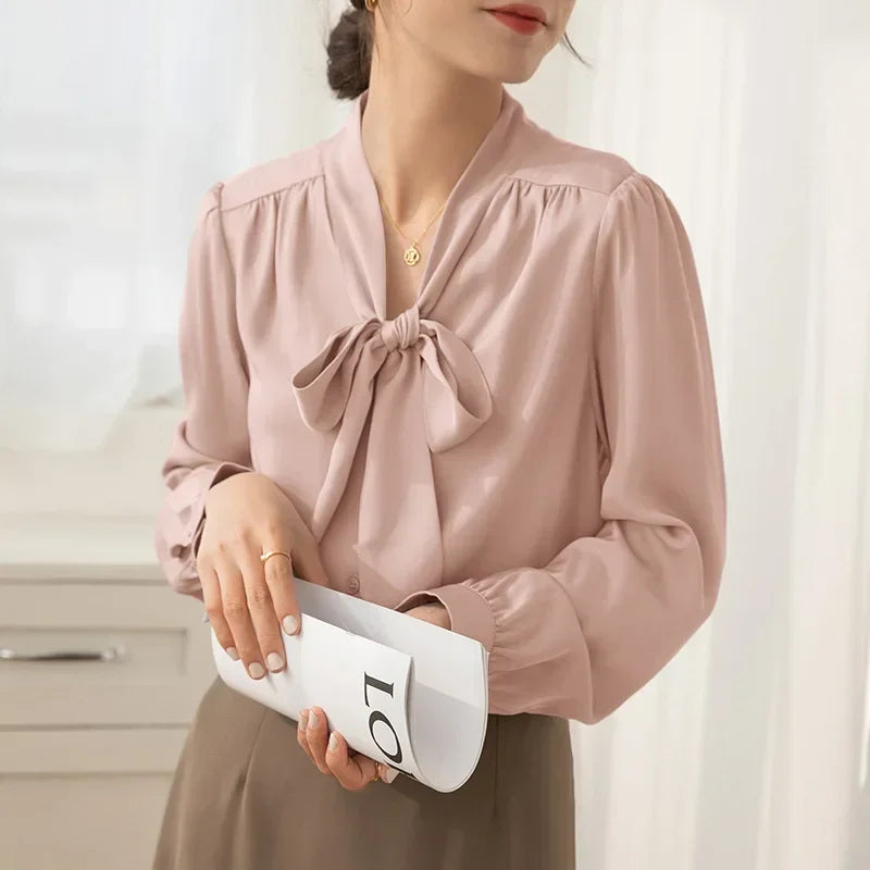 2023 Autumn Acetic Acid French Ribbon Bow White Long Sleeved Shirt