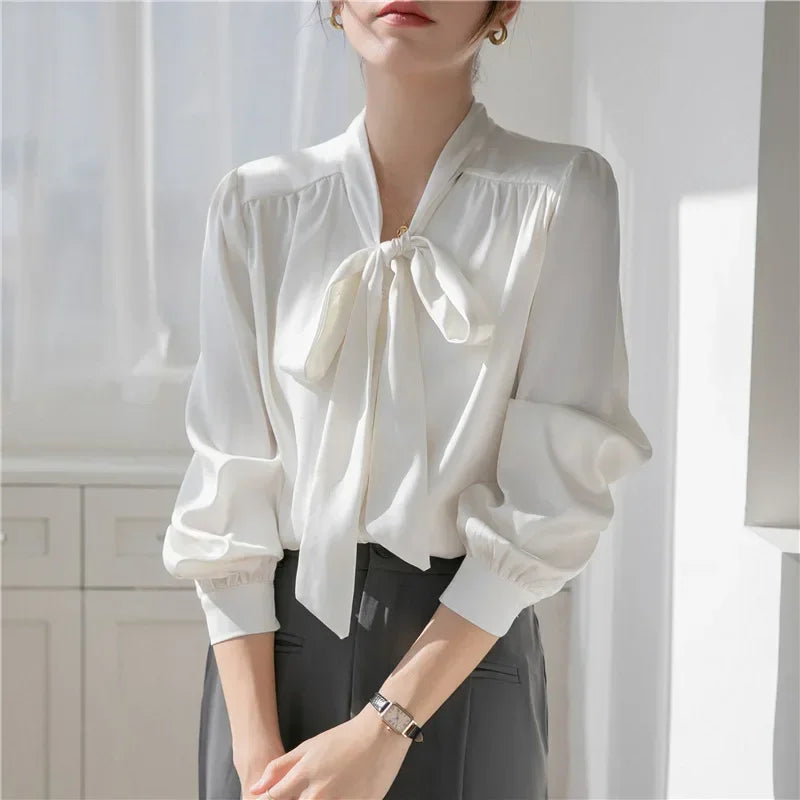 2023 Autumn Acetic Acid French Ribbon Bow White Long Sleeved Shirt