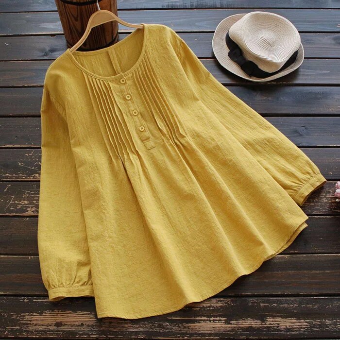 2023 Autumn Loose Solid Color Cotton Line Long Sleeve Versatile Top Women's Shirts