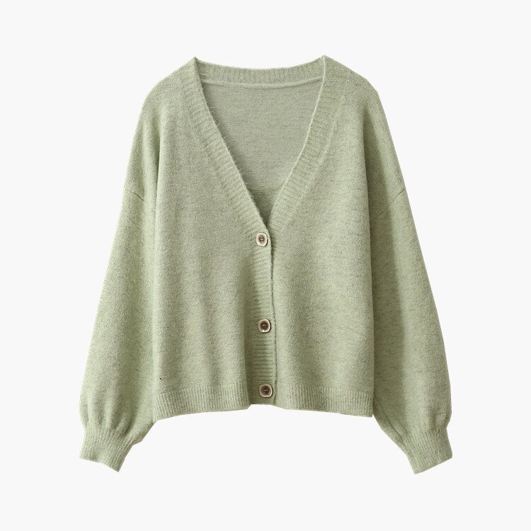 2023 Autumn New Lantern Sleeves V-Neck Sweater Cardigan Women's Loose Top Short Knit Coat