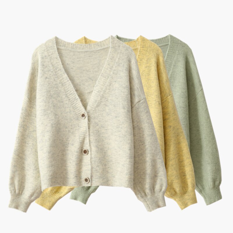 2023 Autumn New Lantern Sleeves V-Neck Sweater Cardigan Women's Loose Top Short Knit Coat