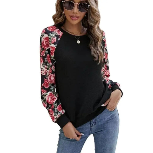 2023 Autumn New Print Splice Fashion Versatile Casual Round Neck Long Sleeve Women's Sweater