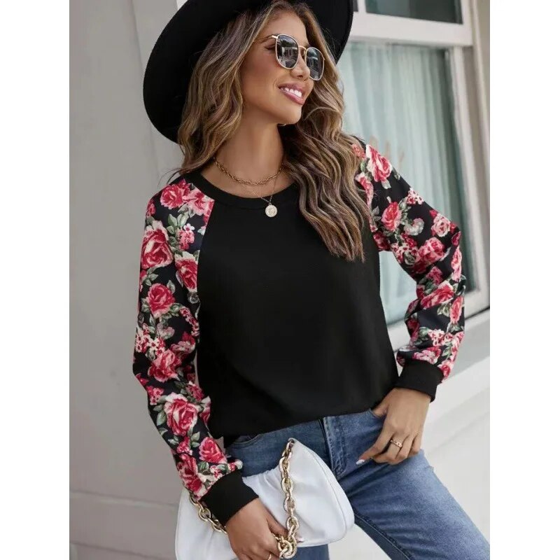 2023 Autumn New Print Splice Fashion Versatile Casual Round Neck Long Sleeve Women's Sweater