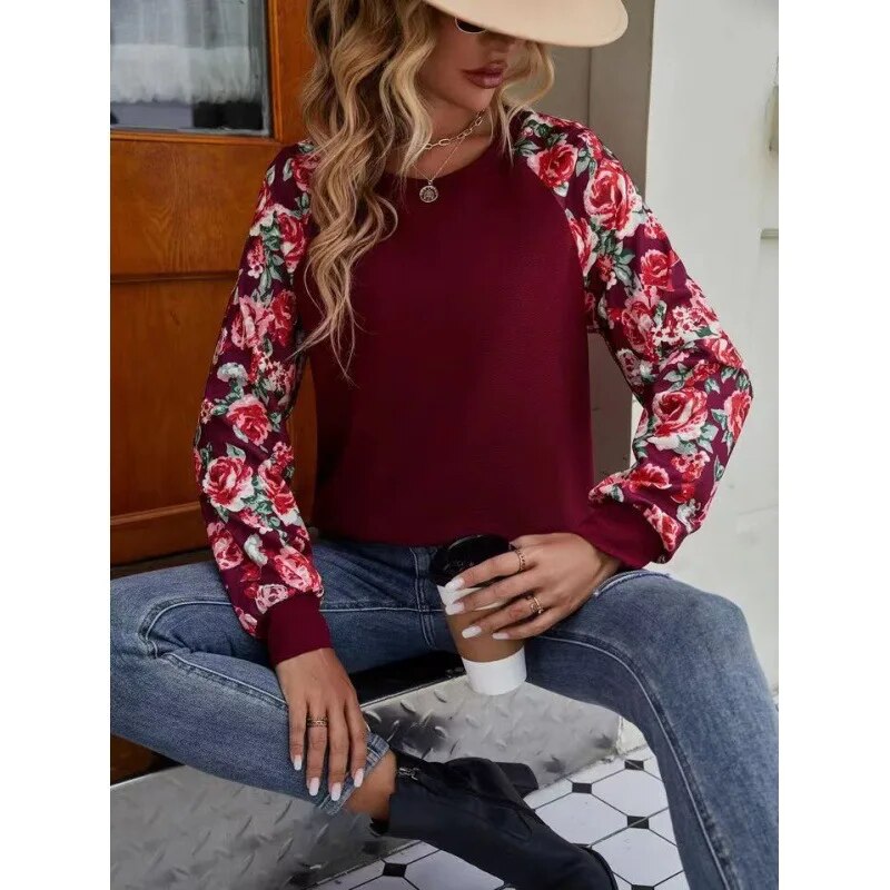 2023 Autumn New Print Splice Fashion Versatile Casual Round Neck Long Sleeve Women's Sweater