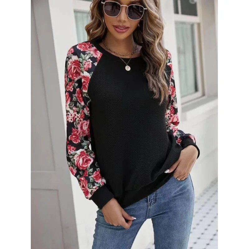 2023 Autumn New Print Splice Fashion Versatile Casual Round Neck Long Sleeve Women's Sweater