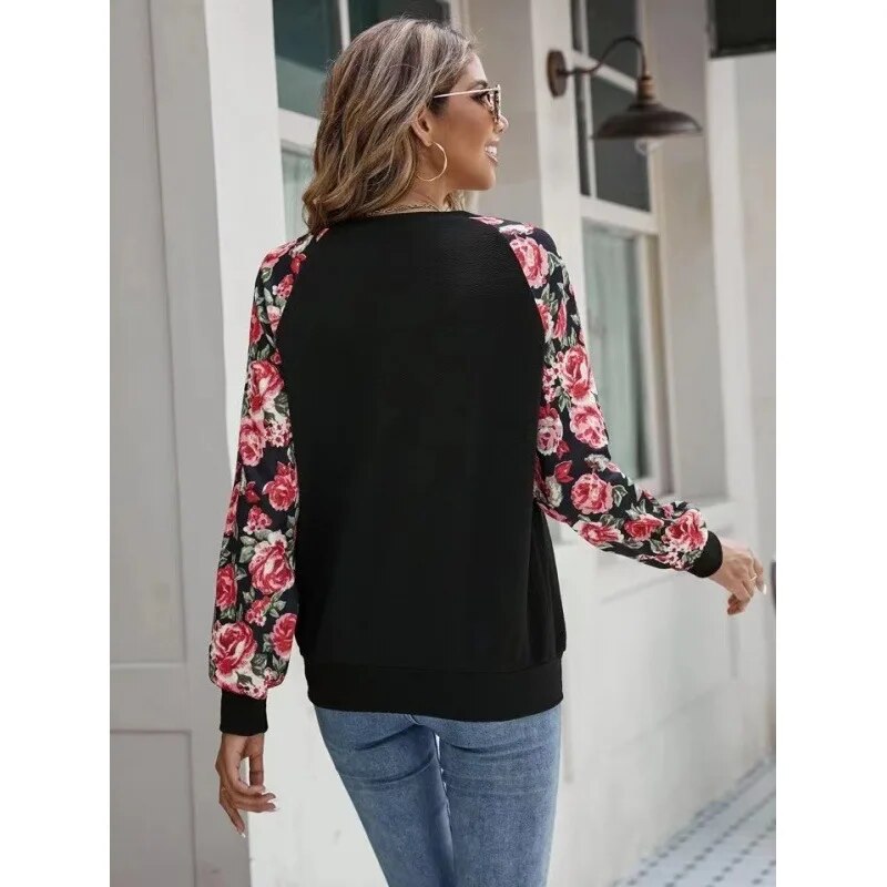 2023 Autumn New Print Splice Fashion Versatile Casual Round Neck Long Sleeve Women's Sweater