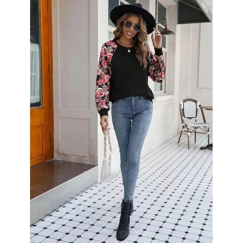 2023 Autumn New Print Splice Fashion Versatile Casual Round Neck Long Sleeve Women's Sweater