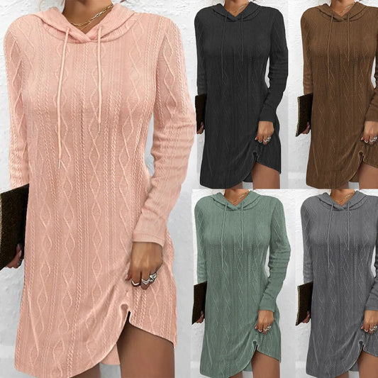 2023 Autumn New Solid Color Long Sleeve Hooded Pullover Knitted Dress