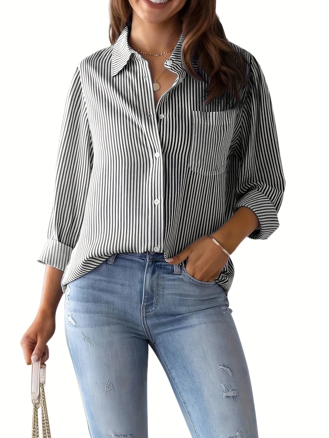 2023 Autumn New Top Loose Casual Long-sleeved Stripes Shirt with Pocket Women