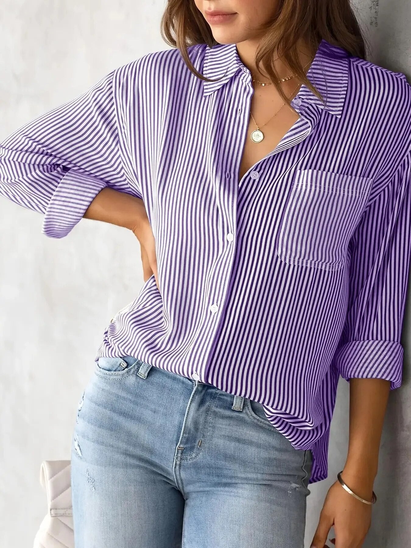 2023 Autumn New Top Loose Casual Long-sleeved Stripes Shirt with Pocket Women