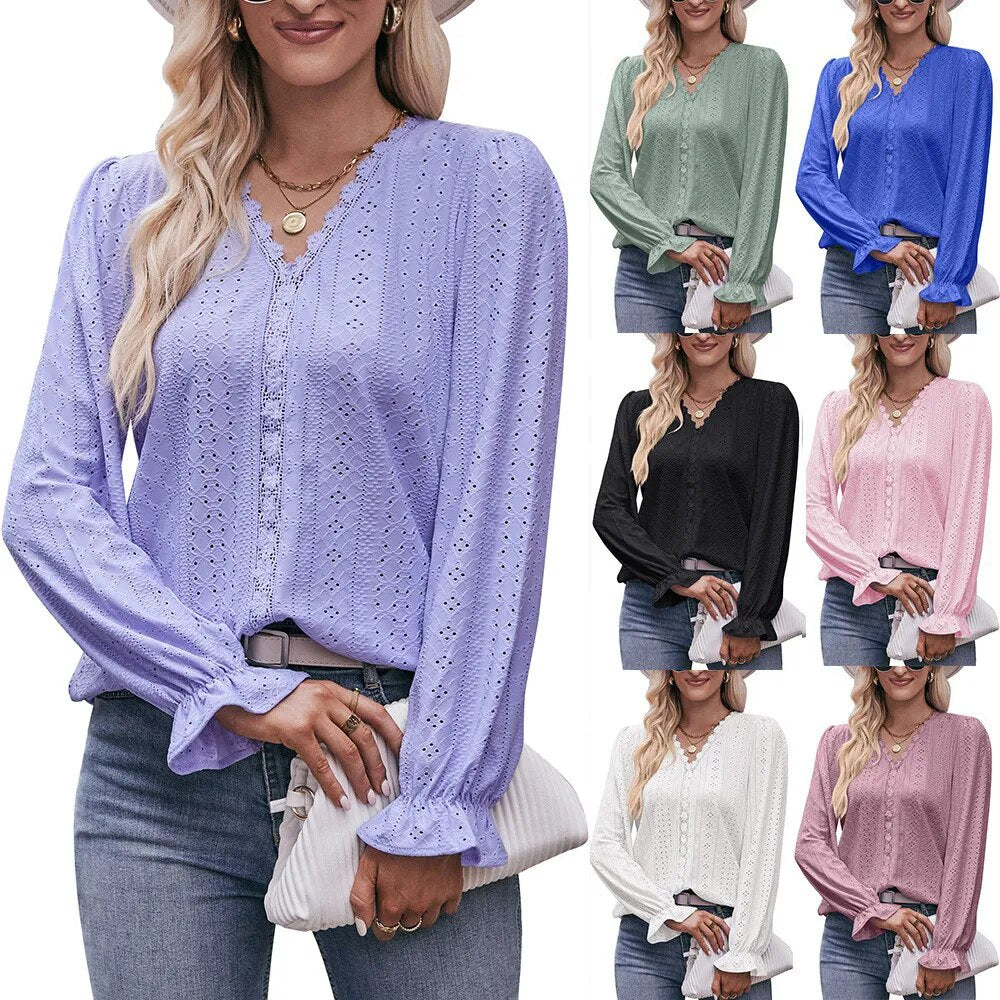 2023 Autumn Solid Color Hole Lace V-Neck Long Sleeve T-shirt Top