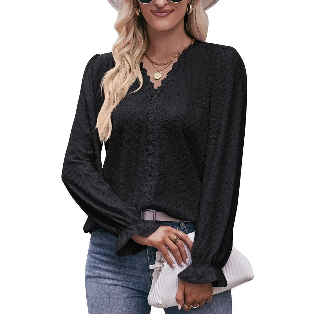 2023 Autumn Solid Color Hole Lace V-Neck Long Sleeve T-shirt Top