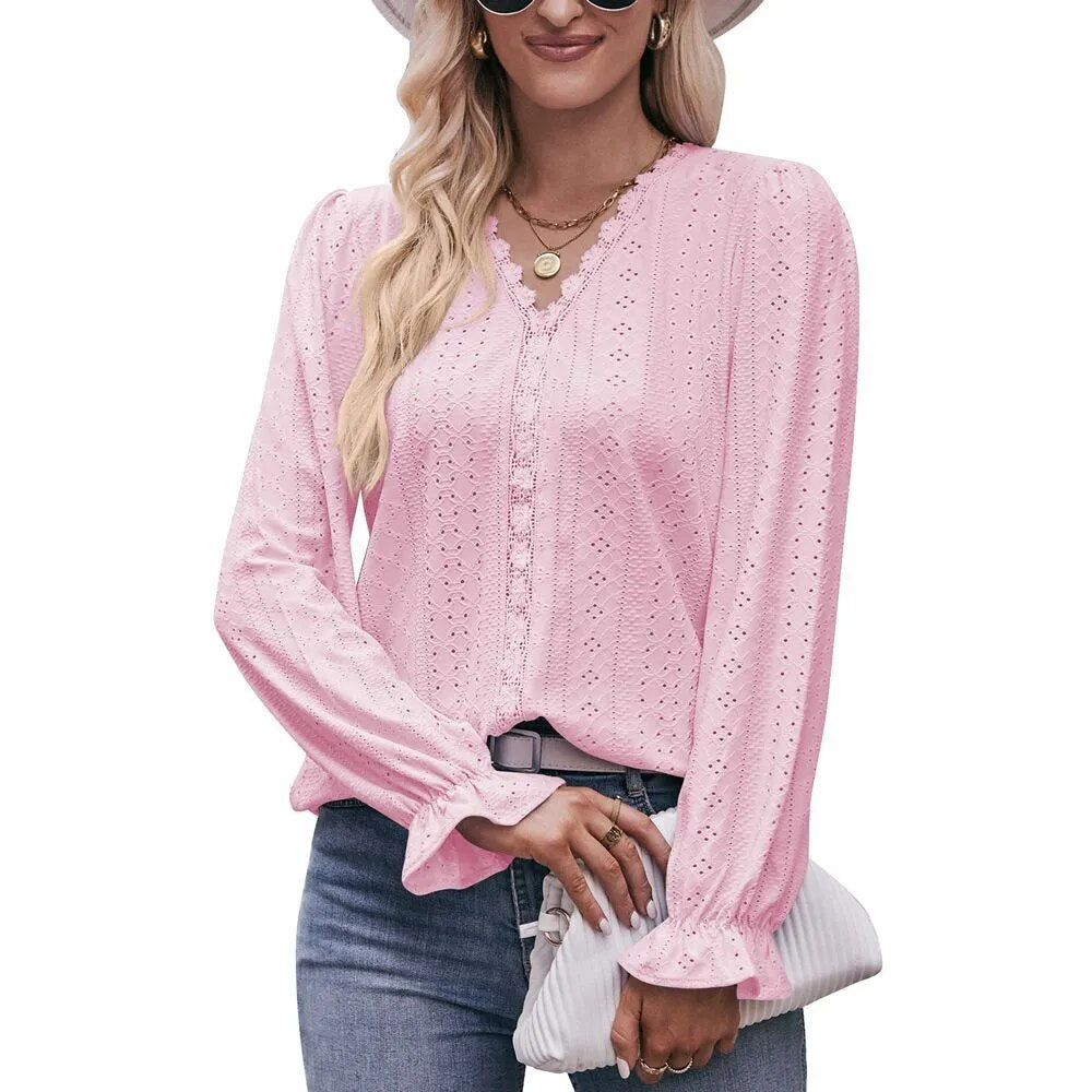 2023 Autumn Solid Color Hole Lace V-Neck Long Sleeve T-shirt Top