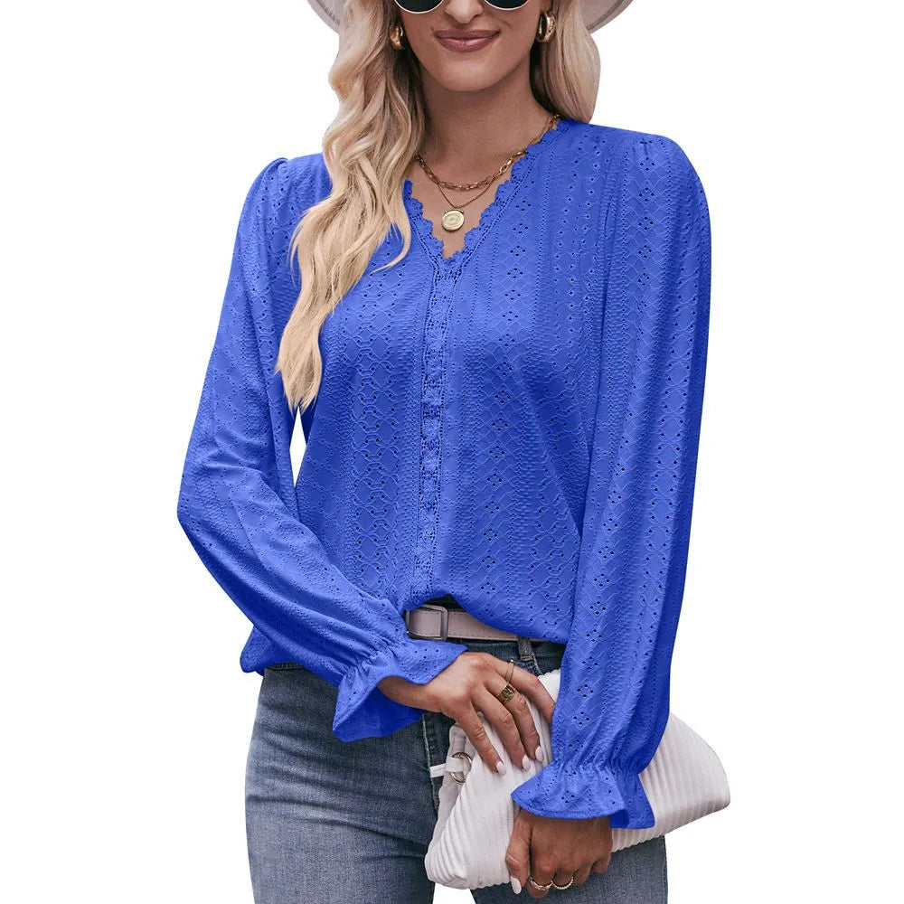 2023 Autumn Solid Color Hole Lace V-Neck Long Sleeve T-shirt Top