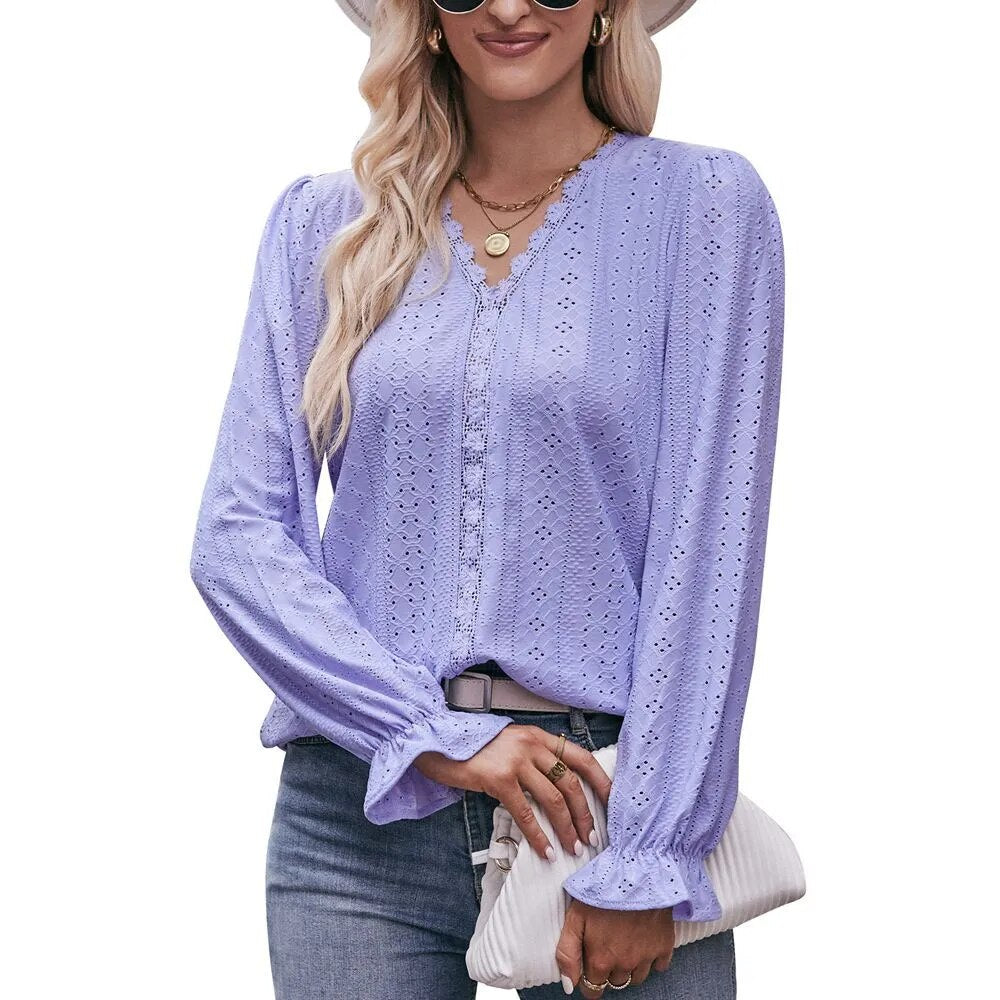 2023 Autumn Solid Color Hole Lace V-Neck Long Sleeve T-shirt Top