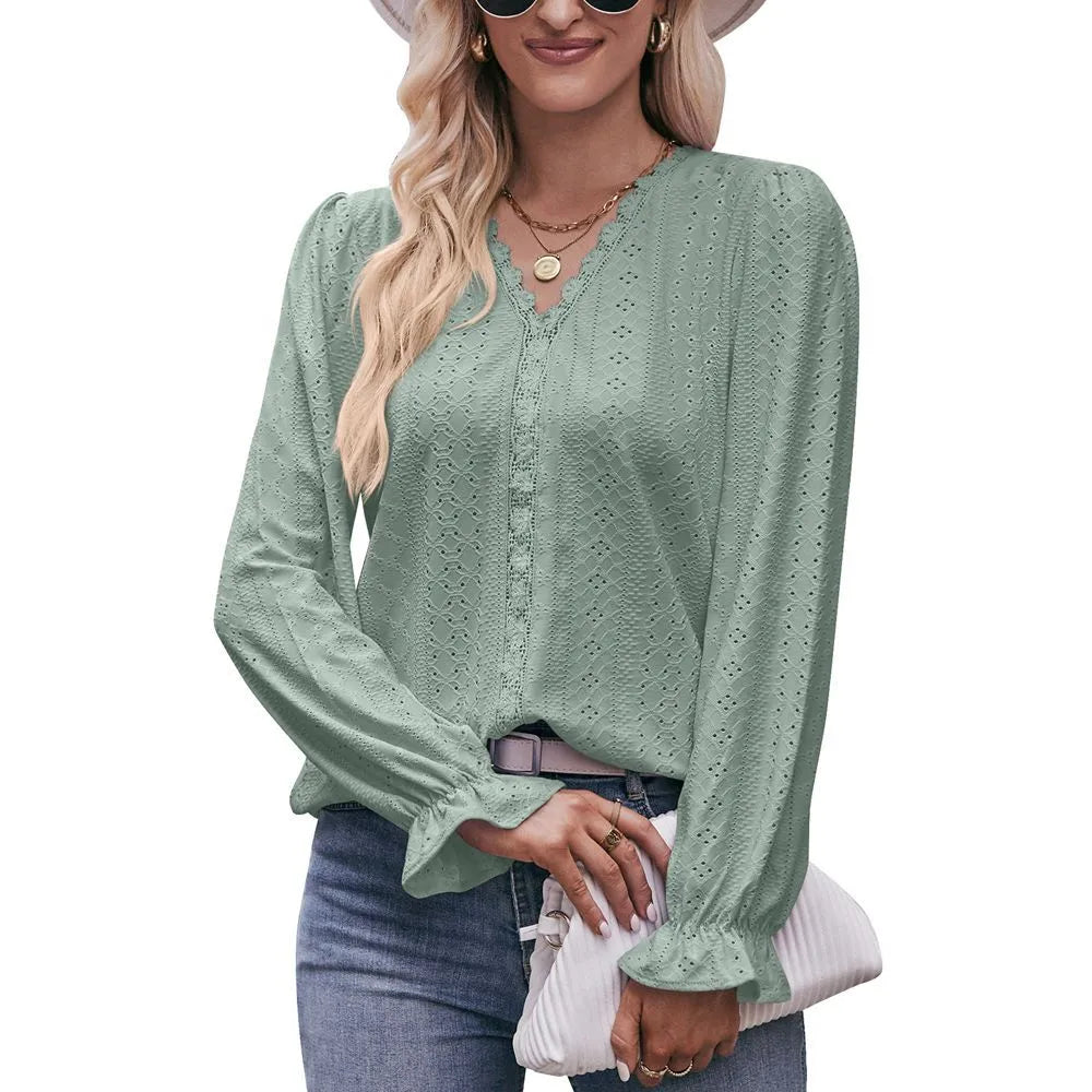 2023 Autumn Solid Color Hole Lace V-Neck Long Sleeve T-shirt Top