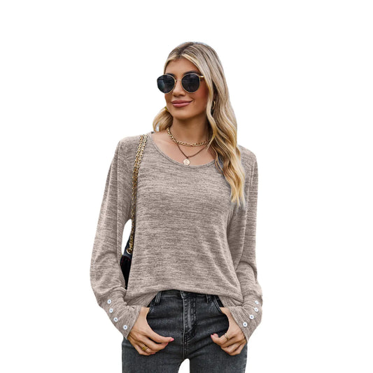 2023 Autumn Solid Color Round Neck Loose Casual Long-sleeved T-shirt Top