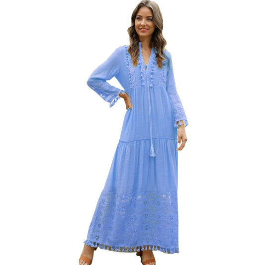 2023 Autumn Vintage V-neck Lace Stitching Long-sleeved Long Dress