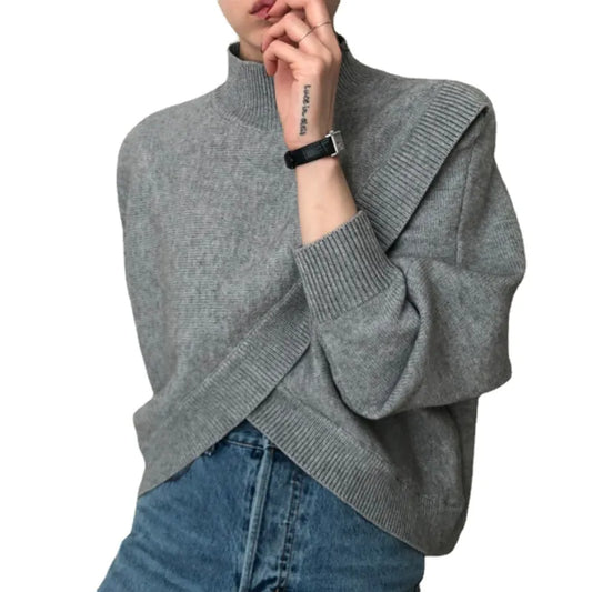 2023 Autumn/Winter Half High Collar Cross Irregular Loose Sleeve Knitted Thickened Sweater for Women