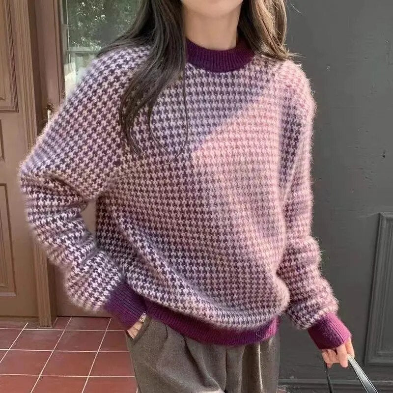 2023 Autumn Winter Inside Ooutside Wearable Round Neck Plaid Sweater Outwear Women