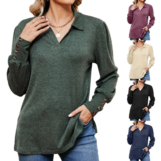 2023 Autumn/Winter New Polo Collar Long Sleeve Button Loose Brushed T-shirt Top for Women