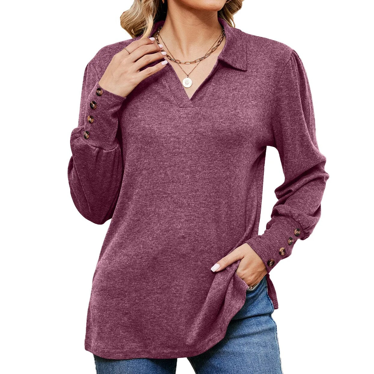 2023 Autumn/Winter New Polo Collar Long Sleeve Button Loose Brushed T-shirt Top for Women