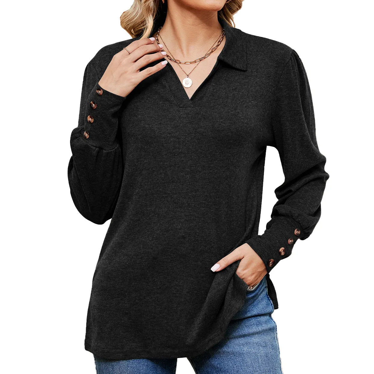 2023 Autumn/Winter New Polo Collar Long Sleeve Button Loose Brushed T-shirt Top for Women