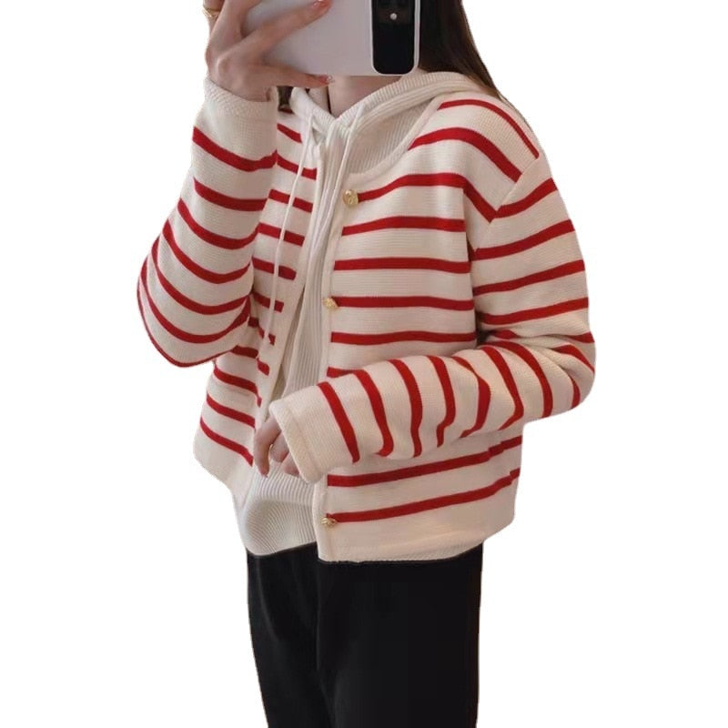 2023 Autumn/Winter New Sweet Short Contrast Stripe Soft Glutinous Knitwear Coat Top Women's Sweater Cardigan