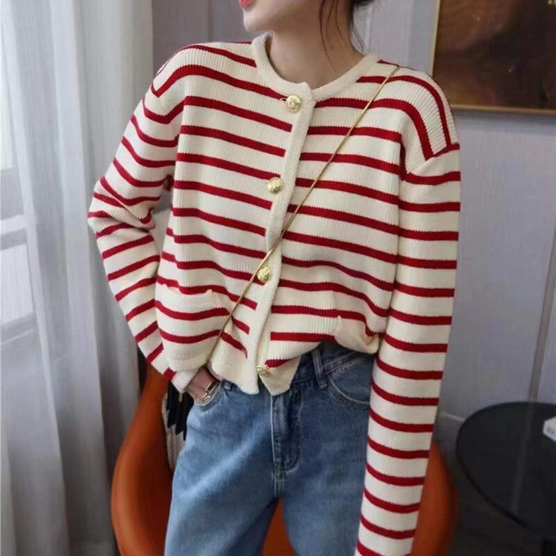 2023 Autumn/Winter New Sweet Short Contrast Stripe Soft Glutinous Knitwear Coat Top Women's Sweater Cardigan